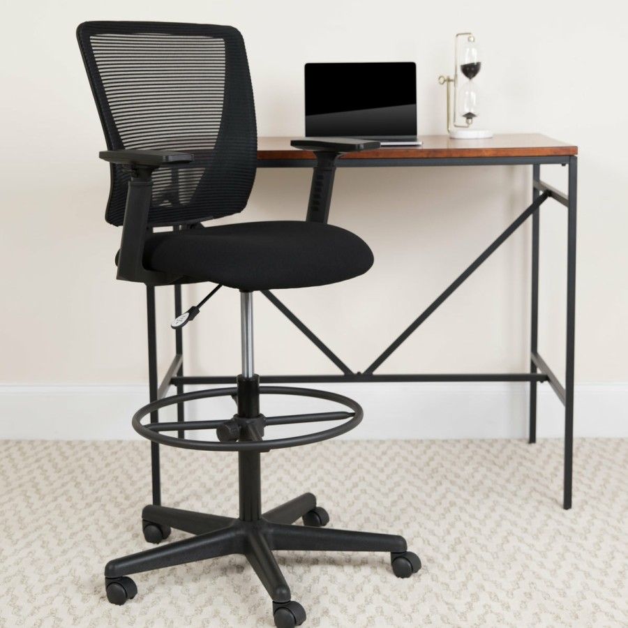 Office & Reception FLASH Drafting Stools | Ergonomic Mid-Back Mesh Drafting Chair With Fabric Seat, Adjustable Foot Ring And Arms