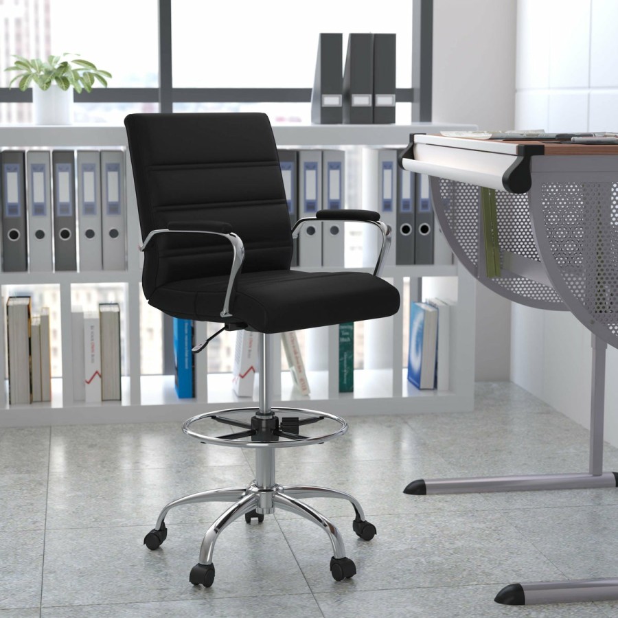 Office & Reception FLASH Drafting Stools | Mid-Back Leathersoft Drafting Chair With Adjustable Foot Ring And Chrome Base