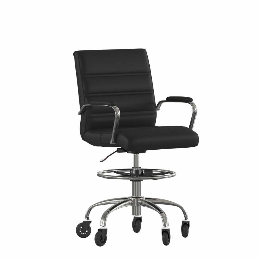 Office & Reception FLASH Drafting Stools | Lexi Mid-Back Drafting Chair With Adjustable Foot Ring, Chrome Base, And Transparent Roller Wheels