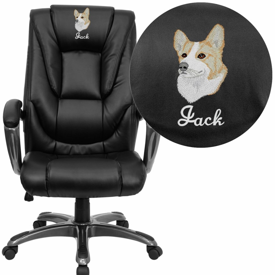 Office & Reception FLASH Personalized Office Chairs | Embroidered High Back Leathersoft Layered Upholstered Executive Swivel Ergonomic Office Chair With Smoke Metal Base And Padded Arms