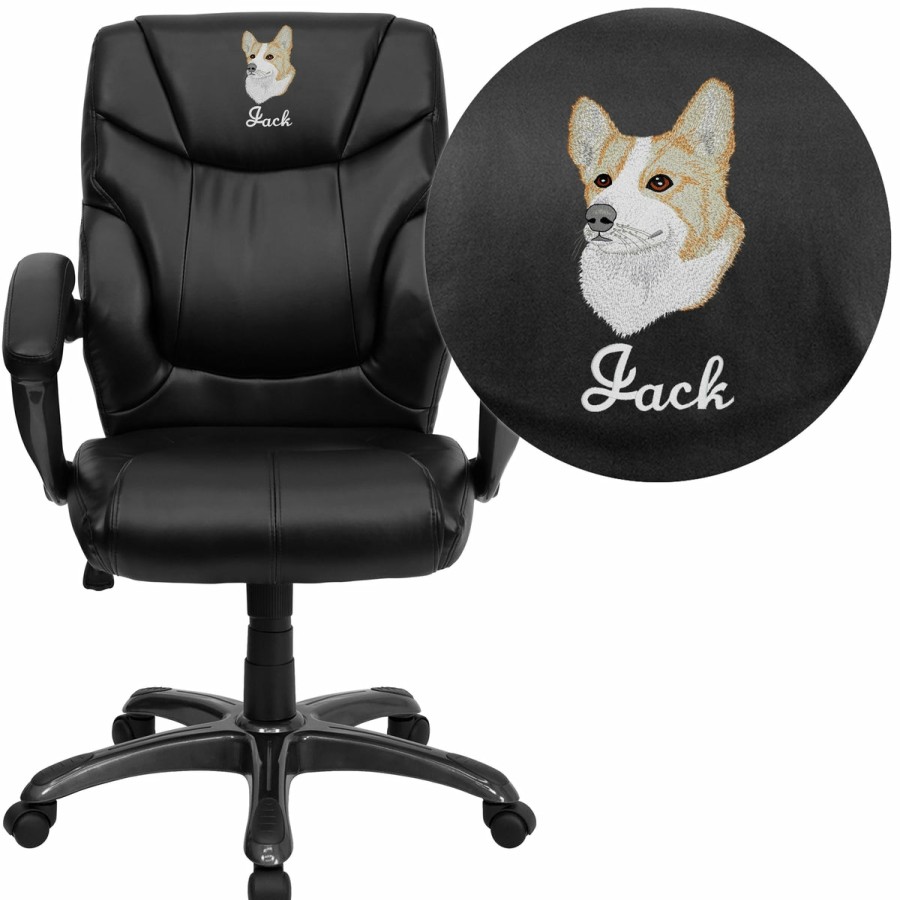 Office & Reception FLASH Personalized Office Chairs | Embroidered Mid-Back Leathersoft Overstuffed Swivel Task Ergonomic Office Chair With Arms