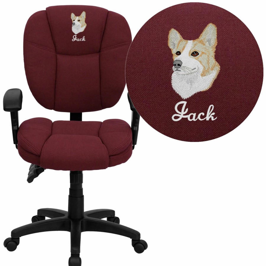 Office & Reception FLASH Personalized Office Chairs | Embroidered Mid-Back Multifunction Swivel Ergonomic Task Office Chair With Pillow Top Cushioning And Adjustable Arms