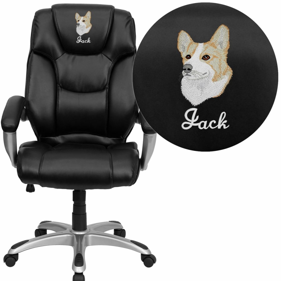 Office & Reception FLASH Personalized Office Chairs | Embroidered High Back Leathersoft Layered Upholstered Executive Swivel Ergonomic Office Chair With Silver Nylon Base And Arms