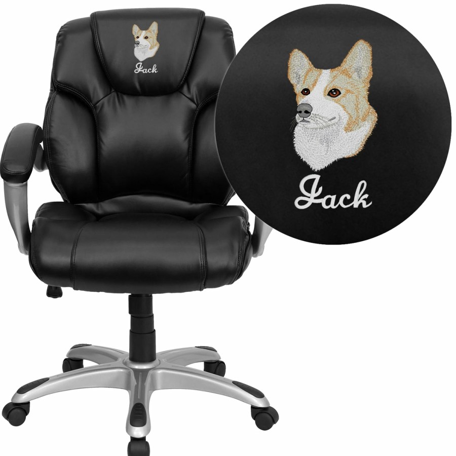 Office & Reception FLASH Personalized Office Chairs | Embroidered Mid-Back Leathersoft Layered Upholstered Executive Swivel Ergonomic Office Chair With Silver Nylon Base And Arms