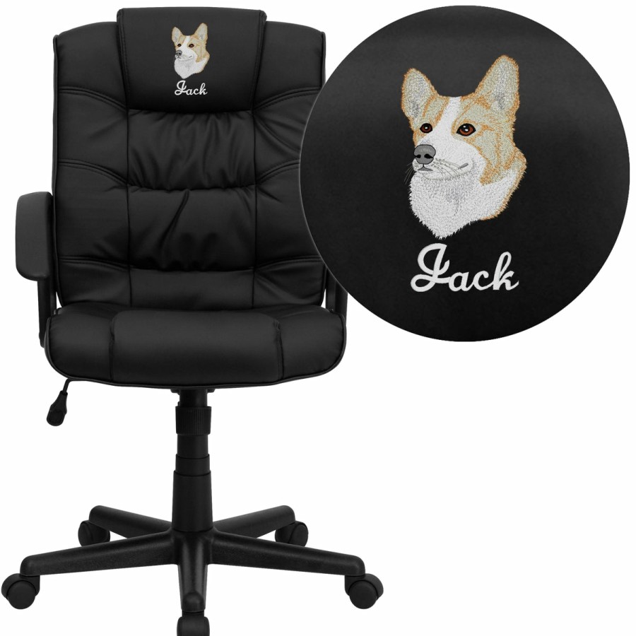 Office & Reception FLASH Personalized Office Chairs | Embroidered Mid-Back Leathersoft Ripple And Accent Stitch Upholstered Swivel Task Office Chair With Arms