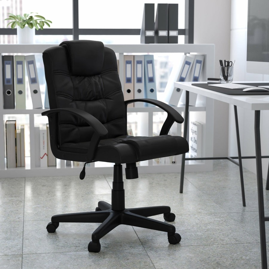 Office & Reception FLASH Task Office Chairs | Mid-Back Leathersoft Ripple And Accent Stitch Upholstered Swivel Task Office Chair With Arms