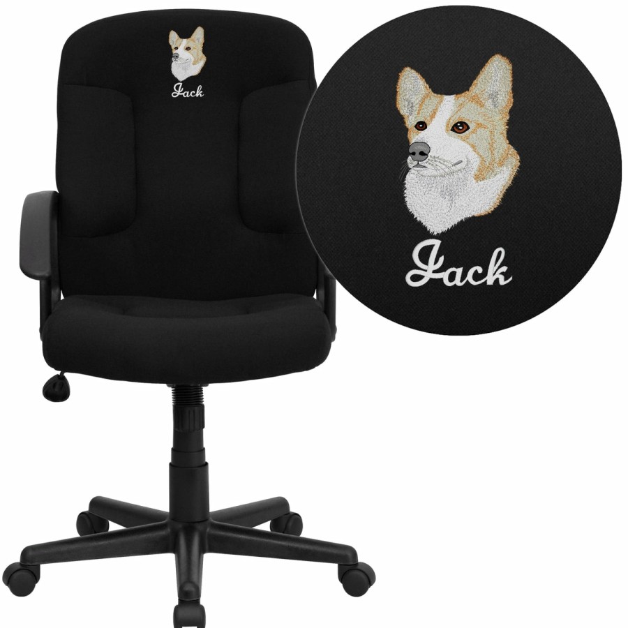 Office & Reception FLASH Personalized Office Chairs | Embroidered Mid-Back Fabric Executive Swivel Office Chair With Nylon Arms