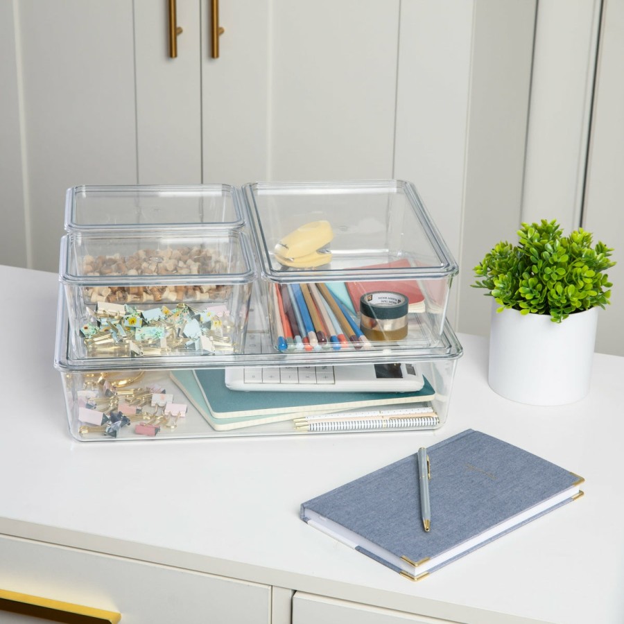 Office & Reception MARTHA STEWART Desk Organizers | Brody Stackable Plastic Storage Box With Lids Office Desktop Organizers, Set Of 4