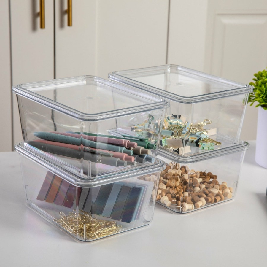 Office & Reception MARTHA STEWART Desk Organizers | Brody 4 Pack Stackable Plastic Storage Box With Lids Office Desktop Organizers, 6.75" X 5"