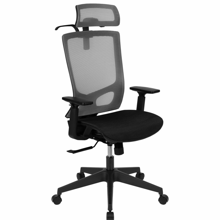 Office & Reception FLASH Executive Office Chairs | Ergonomic Mesh Office Chair With Synchro-Tilt, Pivot Adjustable Headrest, Lumbar Support, Coat Hanger And Adjustable Arms