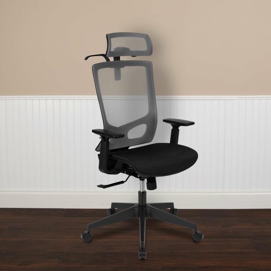 Office & Reception FLASH Executive Office Chairs | Ergonomic Mesh Office Chair With Synchro-Tilt, Pivot Adjustable Headrest, Lumbar Support, Coat Hanger And Adjustable Arms