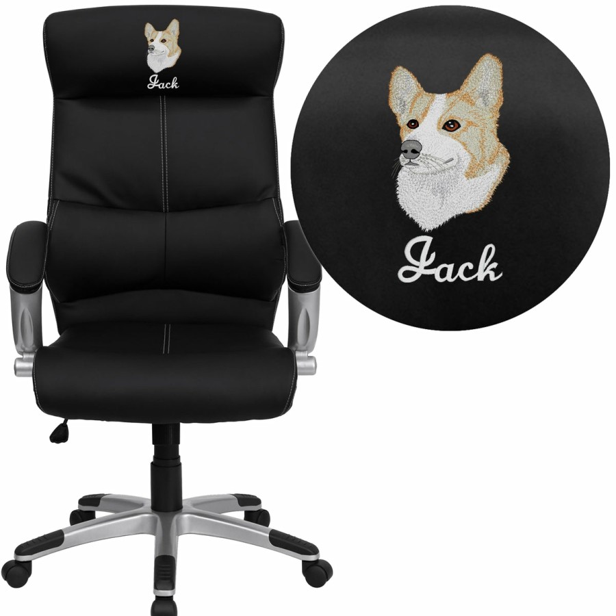 Office & Reception FLASH Personalized Office Chairs | Embroidered High Back Leathersoft Executive Swivel Office Chair With Curved Headrest And White Line Stitching