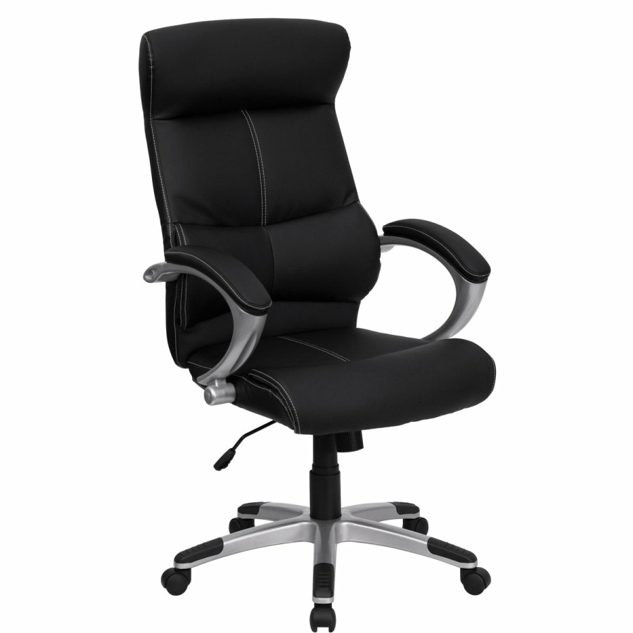 Office & Reception FLASH Executive Office Chairs | High Back Leathersoft Executive Swivel Office Chair With Curved Headrest And White Line Stitching