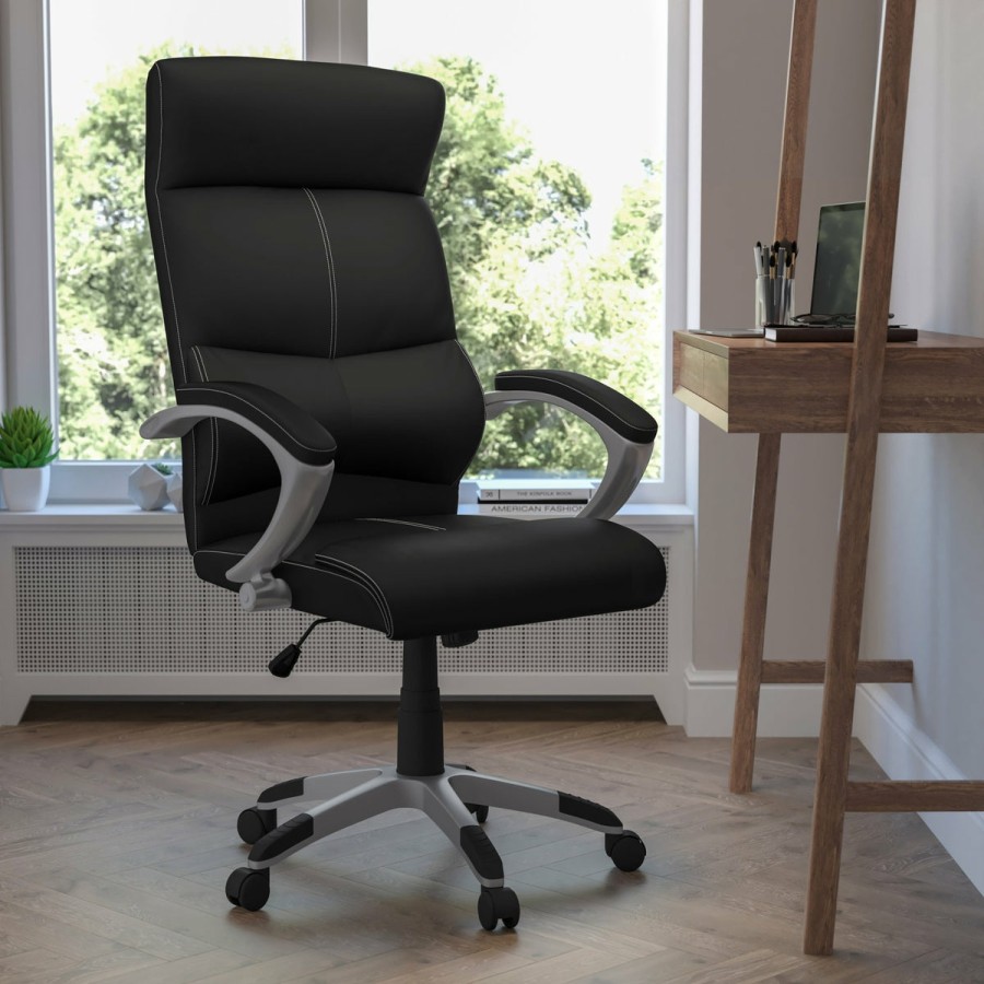 Office & Reception FLASH Executive Office Chairs | High Back Leathersoft Executive Swivel Office Chair With Curved Headrest And White Line Stitching