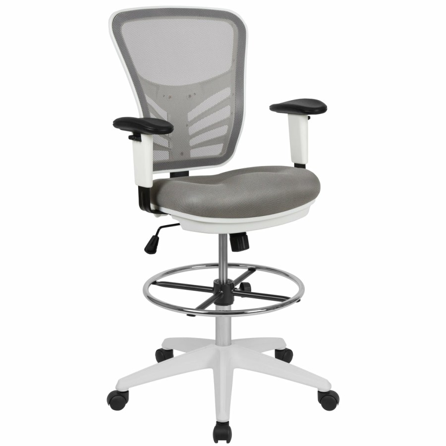 Office & Reception FLASH Drafting Stools | Mid-Back Mesh Ergonomic Drafting Chair With Adjustable Chrome Foot Ring, Adjustable Arms