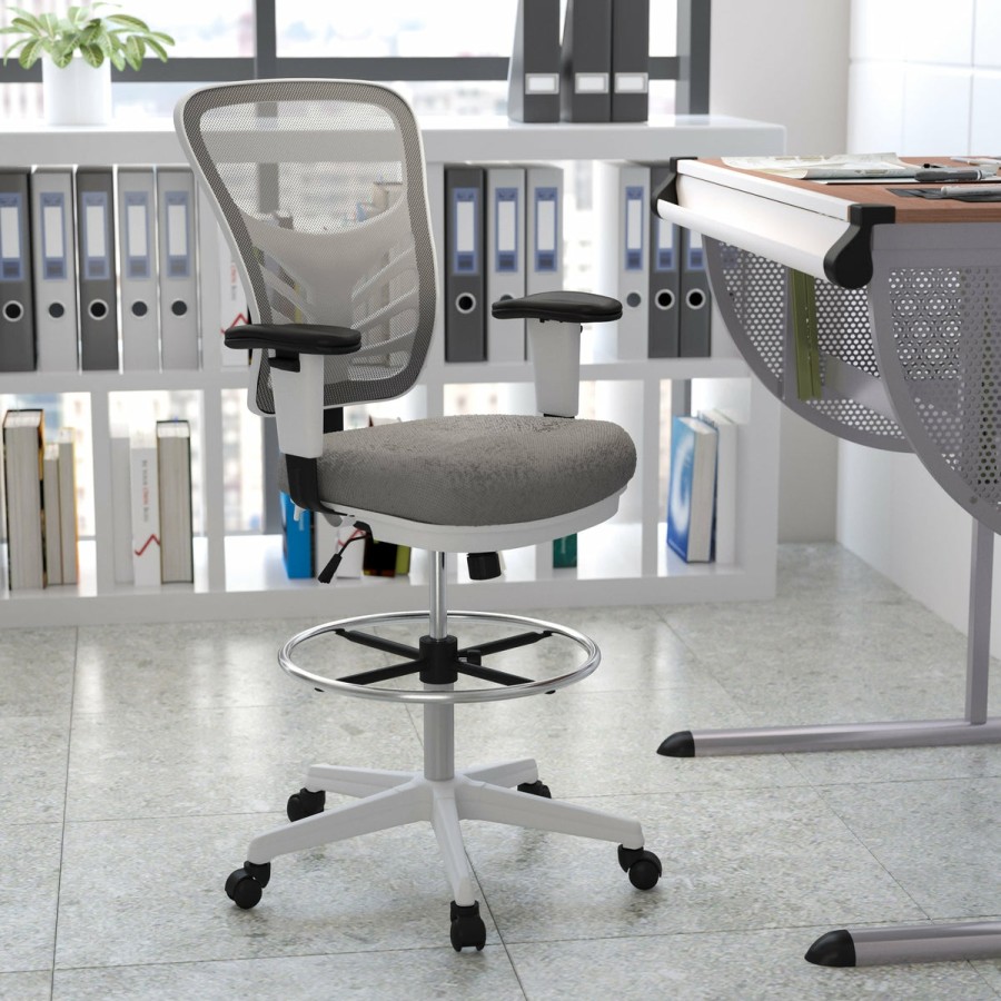 Office & Reception FLASH Drafting Stools | Mid-Back Mesh Ergonomic Drafting Chair With Adjustable Chrome Foot Ring, Adjustable Arms