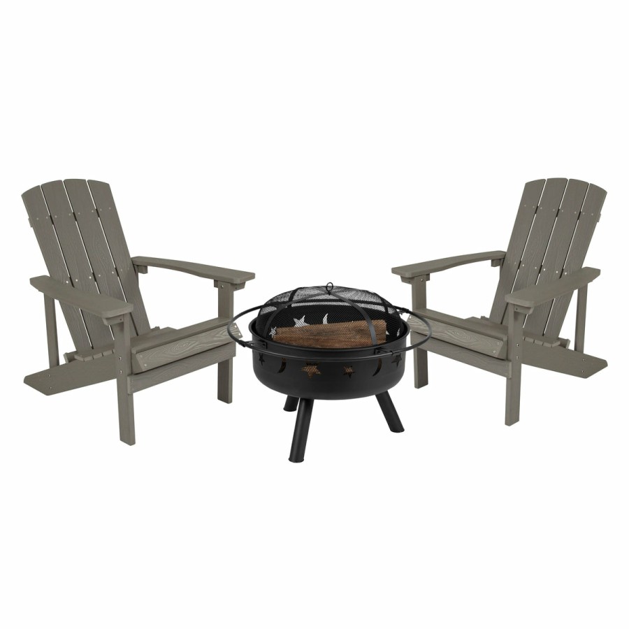 More FLASH | 3 Piece Charlestown Poly Resin Wood Adirondack Chair Set With Fire Pit - Star And Moon Fire Pit With Mesh Cover