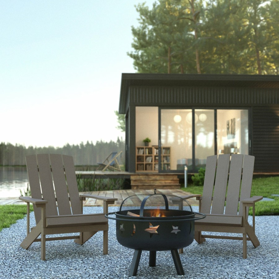 More FLASH | 3 Piece Charlestown Poly Resin Wood Adirondack Chair Set With Fire Pit - Star And Moon Fire Pit With Mesh Cover