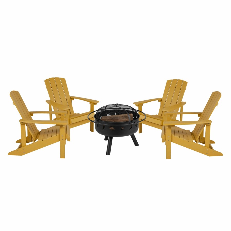 More FLASH | 5 Piece Charlestown Poly Resin Wood Adirondack Chair Set With Fire Pit - Star And Moon Fire Pit With Mesh Cover