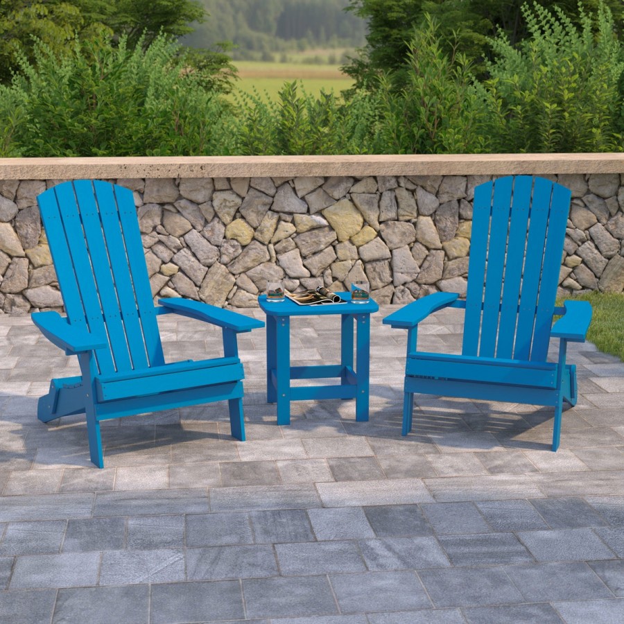 More FLASH | 2 Pack Charlestown All-Weather Poly Resin Folding Adirondack Chairs With Side Table