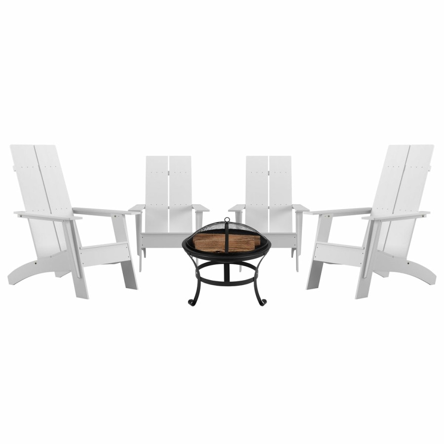 More FLASH | Finn Set Of 4 Modern All-Weather 2-Slat Poly Resin Rocking Adirondack Chairs With 22" Round Wood Burning Fire Pit