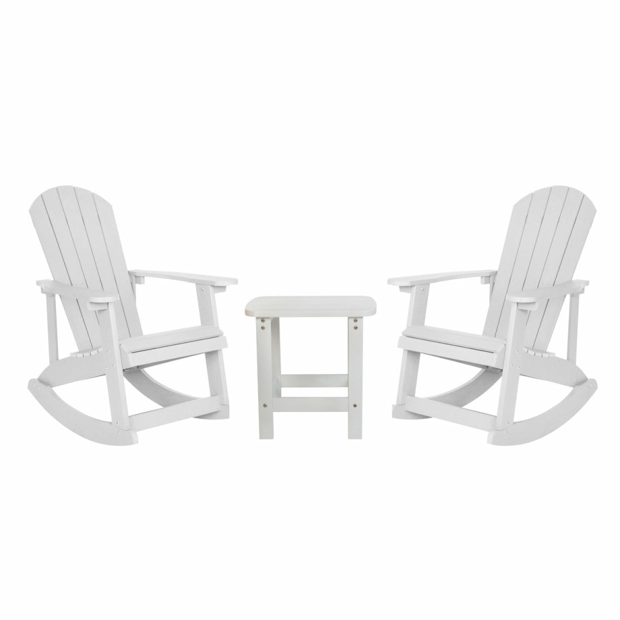 More FLASH | Set Of 2 Savannah All-Weather Poly Resin Wood Adirondack Rocking Chairs With Side Table