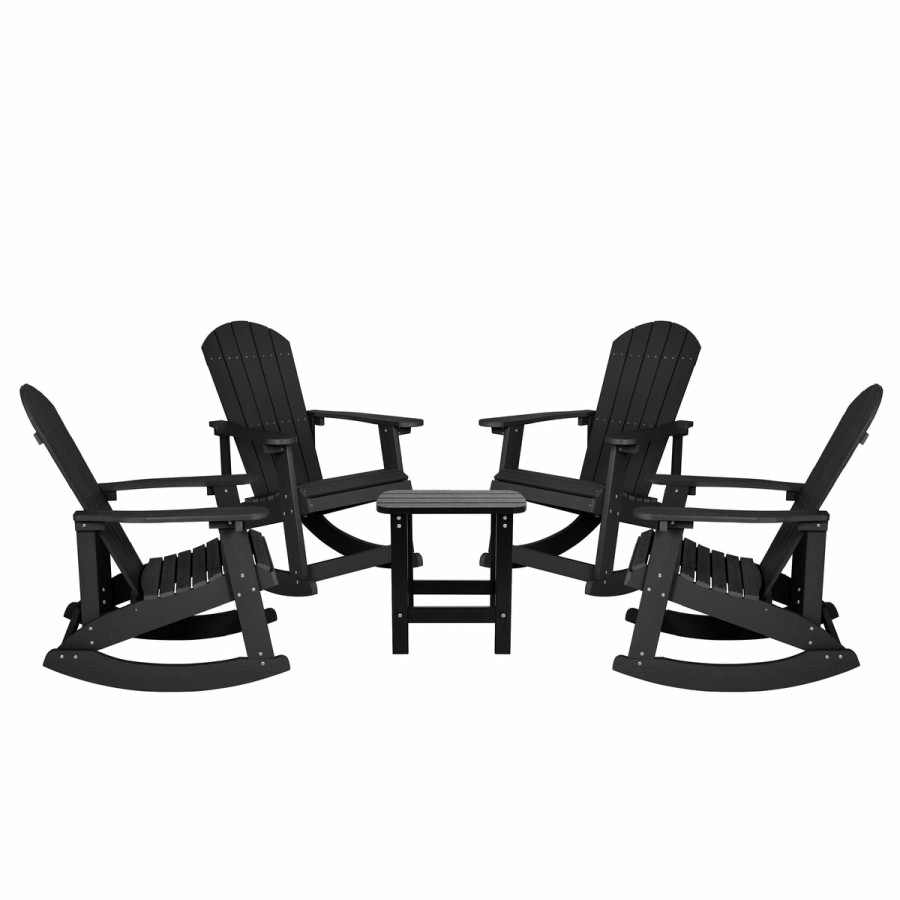 More FLASH | Set Of 4 Savannah All-Weather Poly Resin Wood Adirondack Rocking Chairs With Side Table