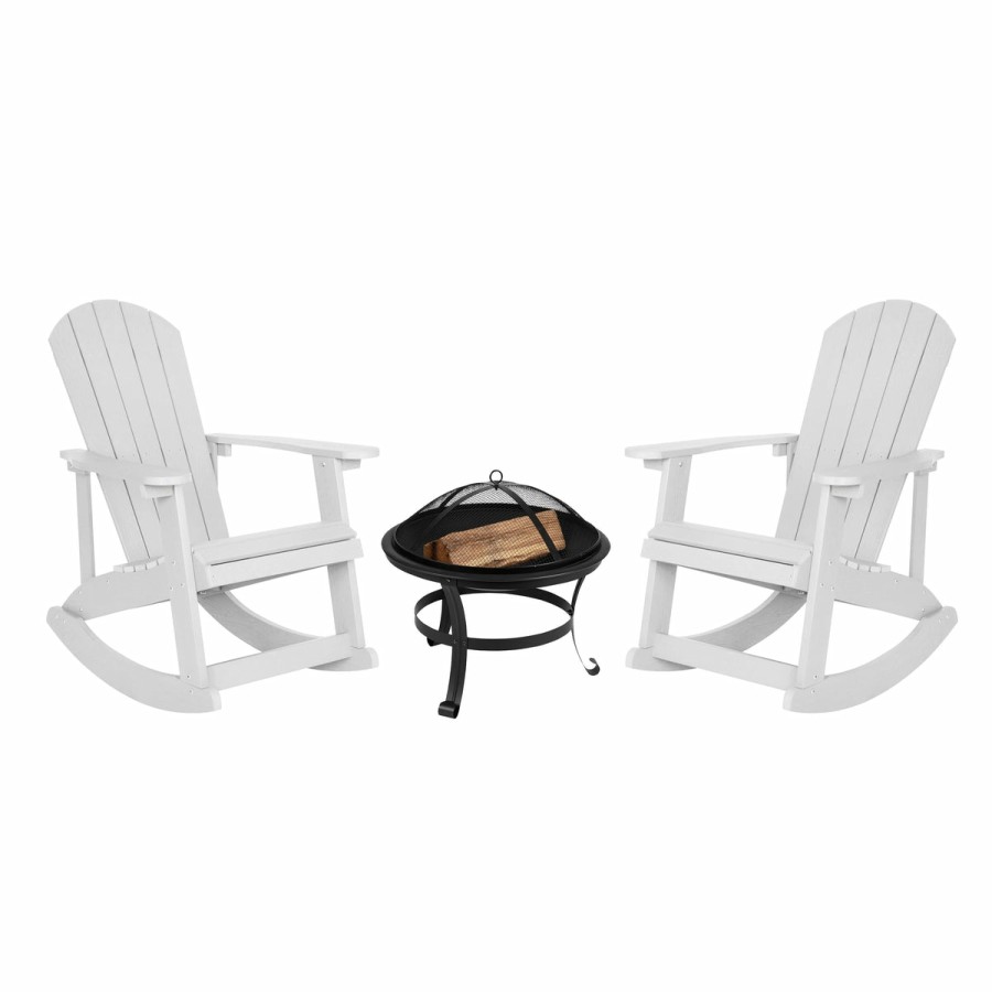 More FLASH | Savannah Set Of 2 All-Weather Poly Resin Wood Adirondack Rocking Chairs With 22" Round Wood Burning Fire Pit