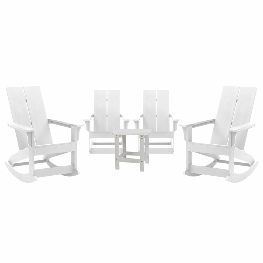 More FLASH | Set Of 4 Finn Modern Commercial Grade All-Weather 2-Slat Poly Resin Rocking Adirondack Chairs With Matching Side Table