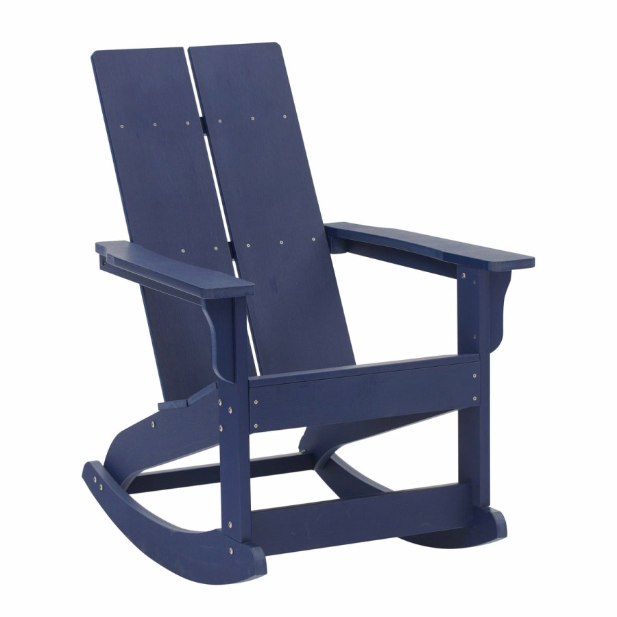 More FLASH | Finn Modern Commercial Grade All-Weather 2-Slat Poly Resin Wood Rocking Adirondack Chair With Rust Resistant Stainless Steel Hardware