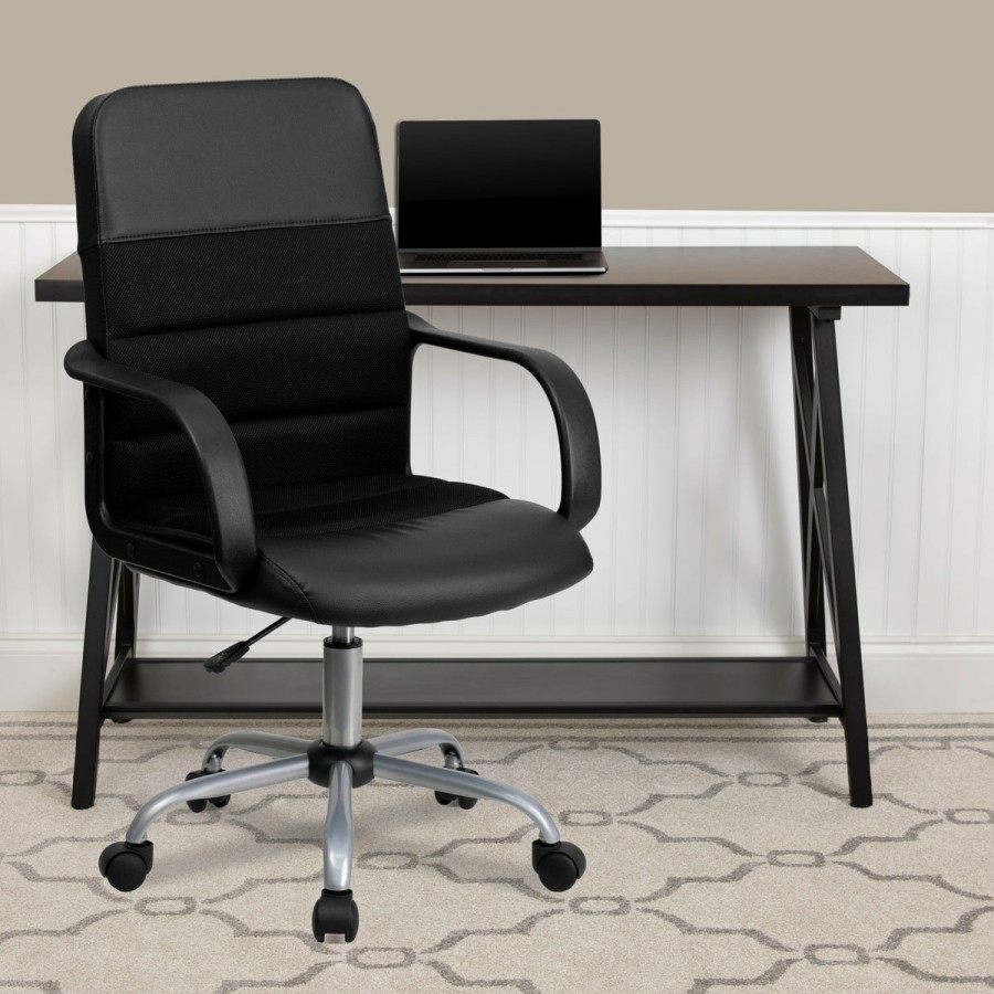 Office & Reception FLASH Task Office Chairs | Mid-Back Leathersoft And Mesh Swivel Task Office Chair With Arms