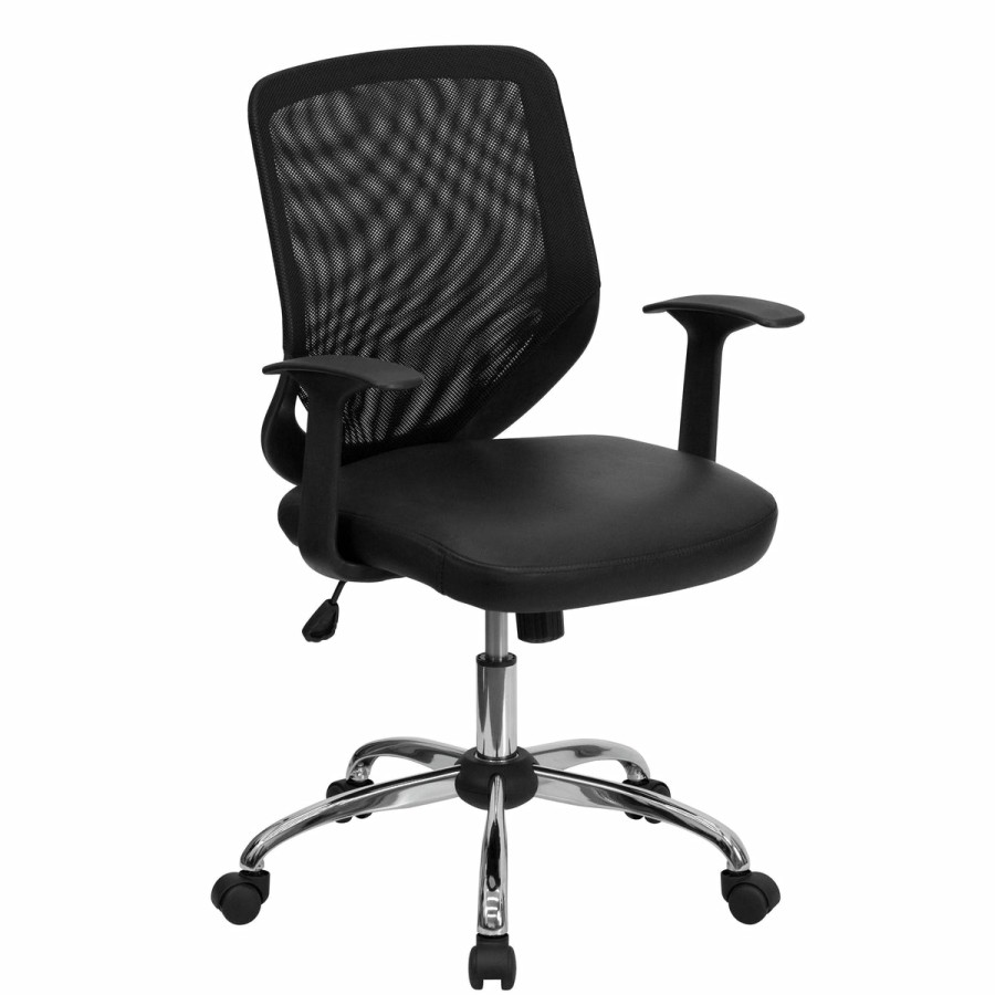 Office & Reception FLASH Task Office Chairs | Mid-Back Mesh Tapered Back Swivel Task Office Chair With Leathersoft Seat, Chrome Base And T-Arms