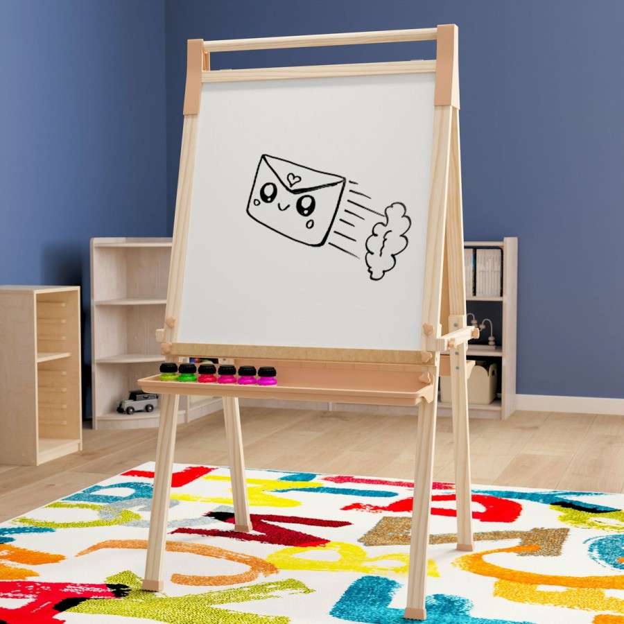 Classroom FLASH Puzzles & Art Activities | Bright Beginnings Commercial Classroom Freestanding Wood Art Easel With Chalk Board, Dry -Erase Board, 2 Trays, Paper Roller, Paper Tear Bar