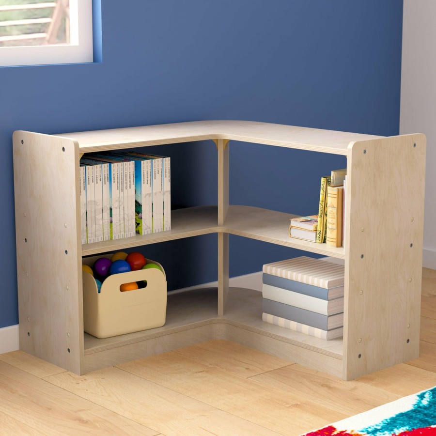 Classroom FLASH Wooden Classroom Storage | Bright Beginnings Commercial Grade Tiered Wooden Classroom Open Corner Storage Unit, Safe, Kid Friendly Design