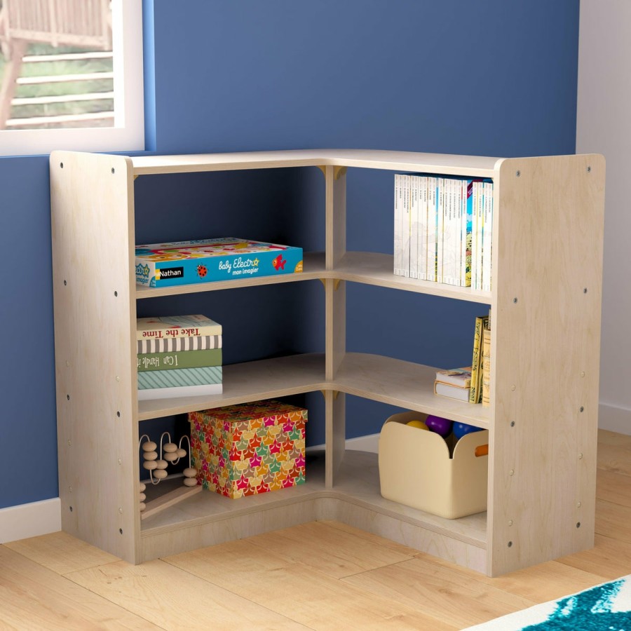 Classroom FLASH Wooden Classroom Storage | Bright Beginnings Commercial Grade Tiered Wooden Classroom Open Corner Storage Unit, Safe, Kid Friendly Design