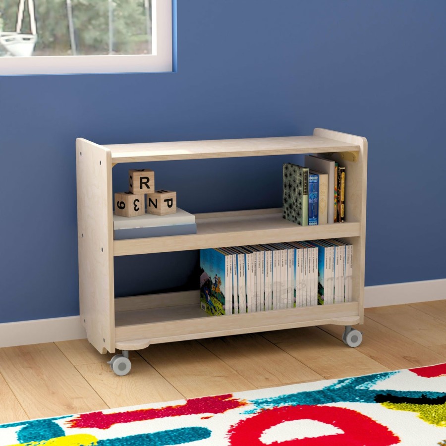 Classroom FLASH Wooden Classroom Storage | Bright Beginnings Commercial Grade Space Saving Wooden Mobile Classroom Storage Cart With Locking Caster Wheels, Kid Friendly Design