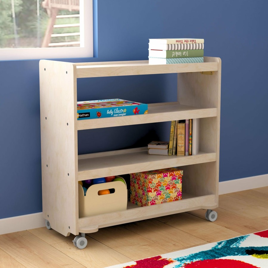 Classroom FLASH Wooden Classroom Storage | Bright Beginnings Commercial Grade Space Saving Wooden Mobile Classroom Storage Cart With Locking Caster Wheels, Kid Friendly Design