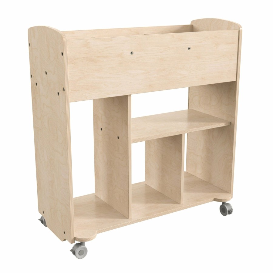 Classroom FLASH Wooden Classroom Storage | Bright Beginnings Commercial Grade Double Sided Space Saving Wooden Mobile Storage Cart With Locking Caster Wheels