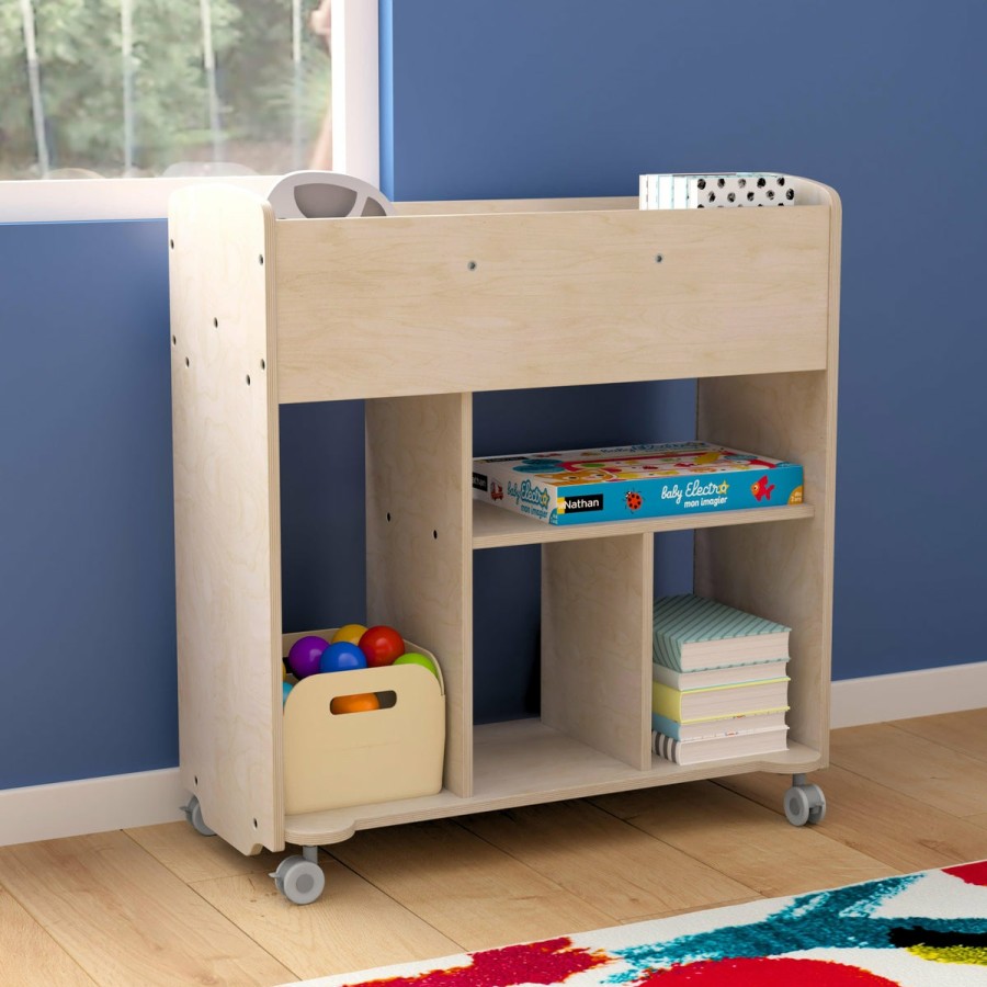 Classroom FLASH Wooden Classroom Storage | Bright Beginnings Commercial Grade Double Sided Space Saving Wooden Mobile Storage Cart With Locking Caster Wheels