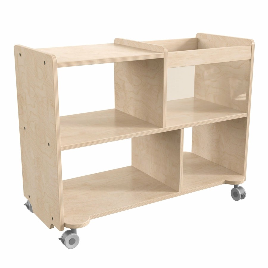 Classroom FLASH Wooden Classroom Storage | Bright Beginnings Commercial Double Sided Space Saving Wooden Mobile Storage Cart With Locking Casters, Storage Bins, And Open Compartments