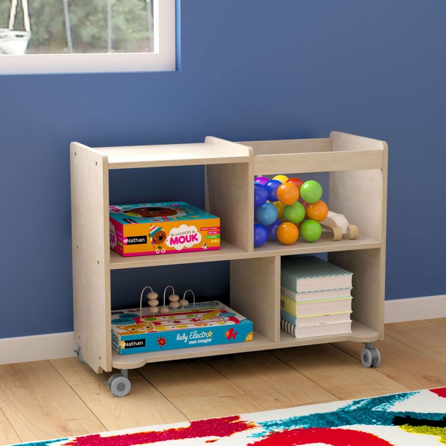 Classroom FLASH Wooden Classroom Storage | Bright Beginnings Commercial Double Sided Space Saving Wooden Mobile Storage Cart With Locking Casters, Storage Bins, And Open Compartments