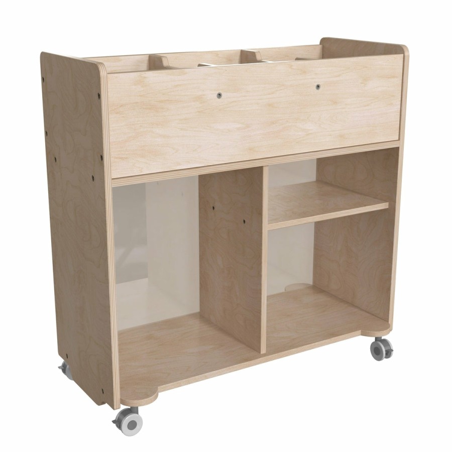 Classroom FLASH Wooden Classroom Storage | Bright Beginnings Commercial Grade Double Sided Space Saving Wooden Mobile Storage Cart With Locking Caster Wheels