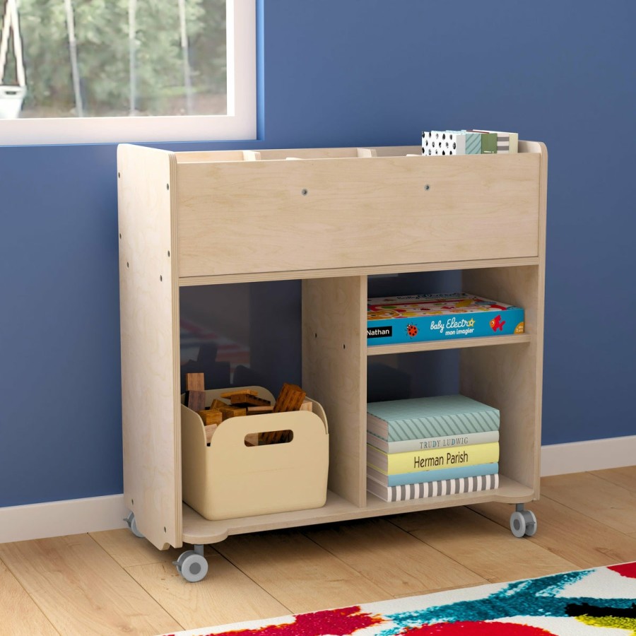 Classroom FLASH Wooden Classroom Storage | Bright Beginnings Commercial Grade Double Sided Space Saving Wooden Mobile Storage Cart With Locking Caster Wheels