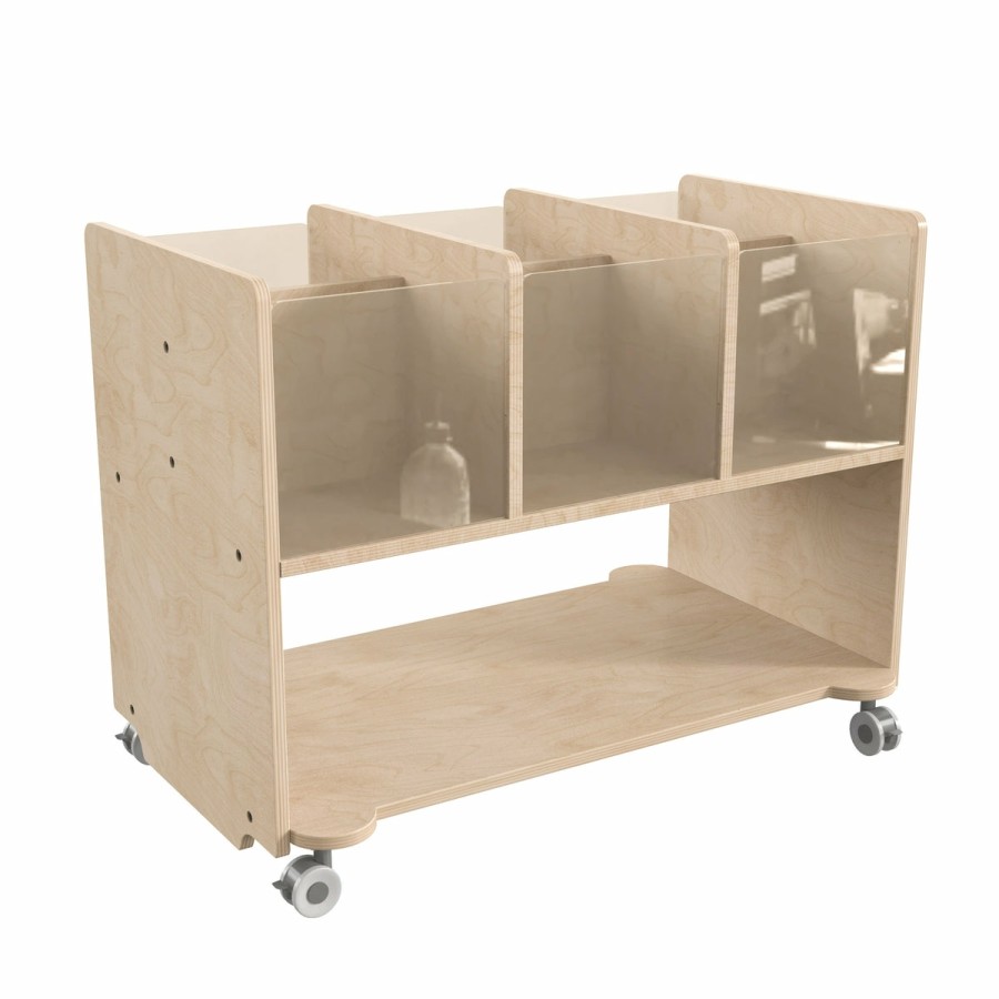 Classroom FLASH Wooden Classroom Storage | Bright Beginnings Commercial Double Sided Space Saving Wooden Mobile Storage Cart With Locking Casters, Storage Bins, And Open Compartments