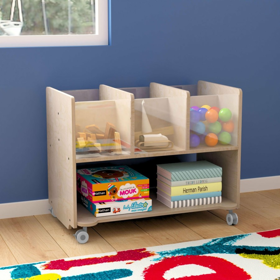 Classroom FLASH Wooden Classroom Storage | Bright Beginnings Commercial Double Sided Space Saving Wooden Mobile Storage Cart With Locking Casters, Storage Bins, And Open Compartments