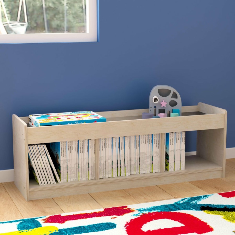 Classroom FLASH Wooden Classroom Storage | Bright Beginnings Commercial Grade Modular Wooden Classroom 2 Sided, 3 Section, Open Storage Unit With Mirrored Top And Raised Upper Edges