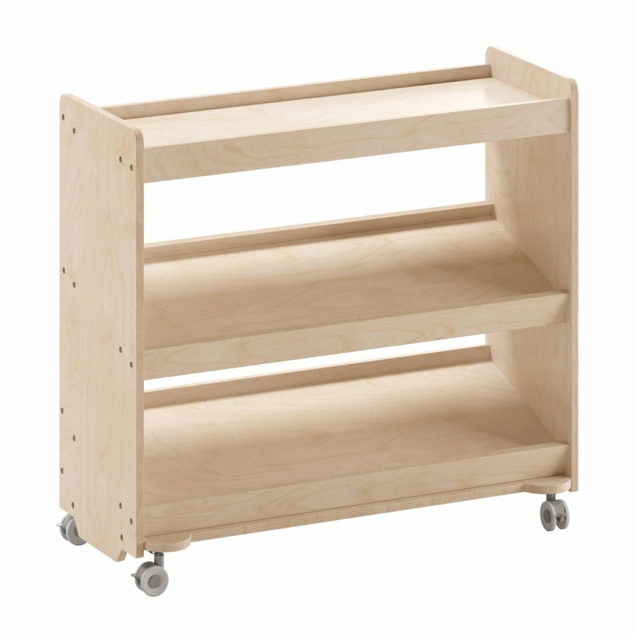 Classroom FLASH Wooden Classroom Storage | Bright Beginnings Commercial Grade Space Saving Wooden Mobile Classroom Storage Cart, 3 Angled Shelves And Locking Caster Wheels, Kid Friendly Design