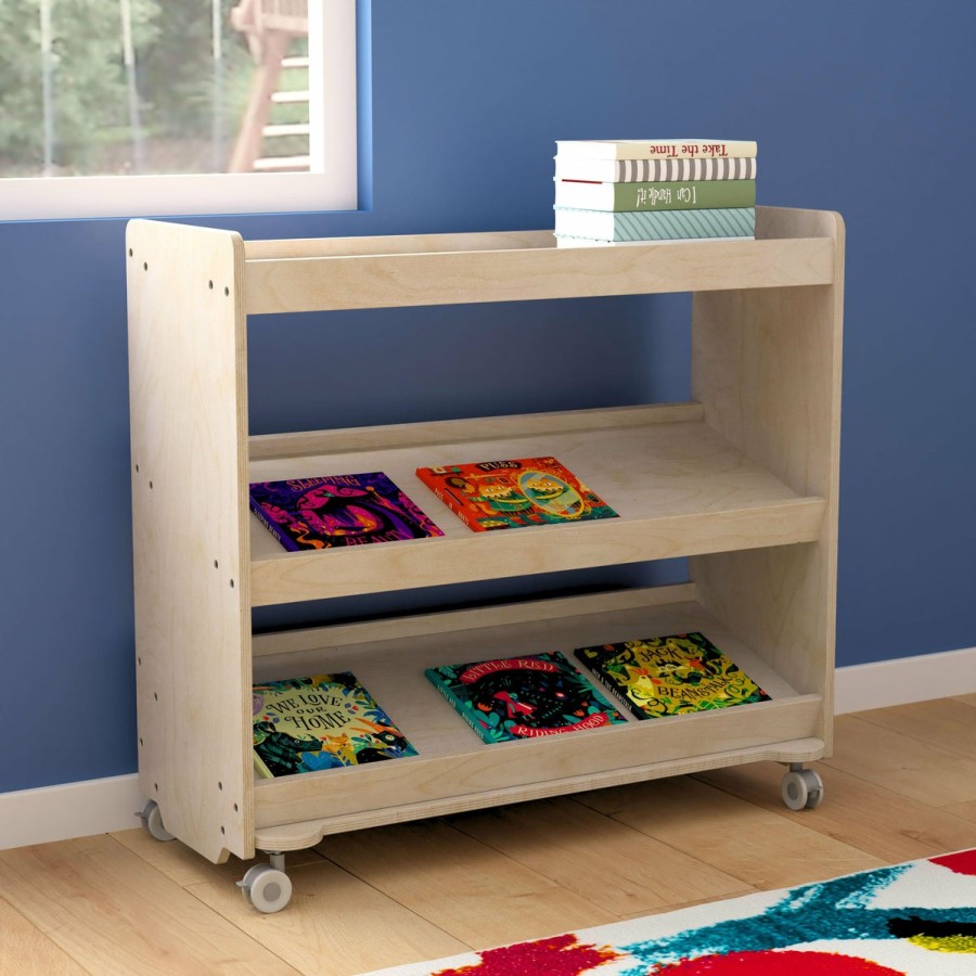 Classroom FLASH Wooden Classroom Storage | Bright Beginnings Commercial Grade Space Saving Wooden Mobile Classroom Storage Cart, 3 Angled Shelves And Locking Caster Wheels, Kid Friendly Design