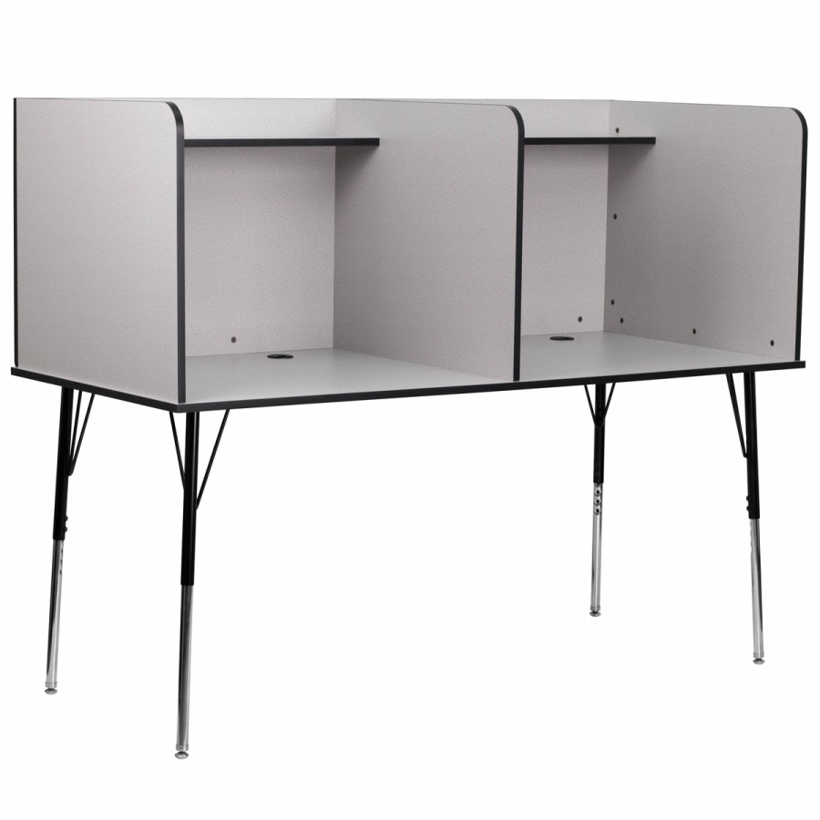 Classroom FLASH Desks & Study Carrels | Stand-Alone Double Study Carrel With Top Shelf - Height Adjustable Legs And Wire Management Grommet