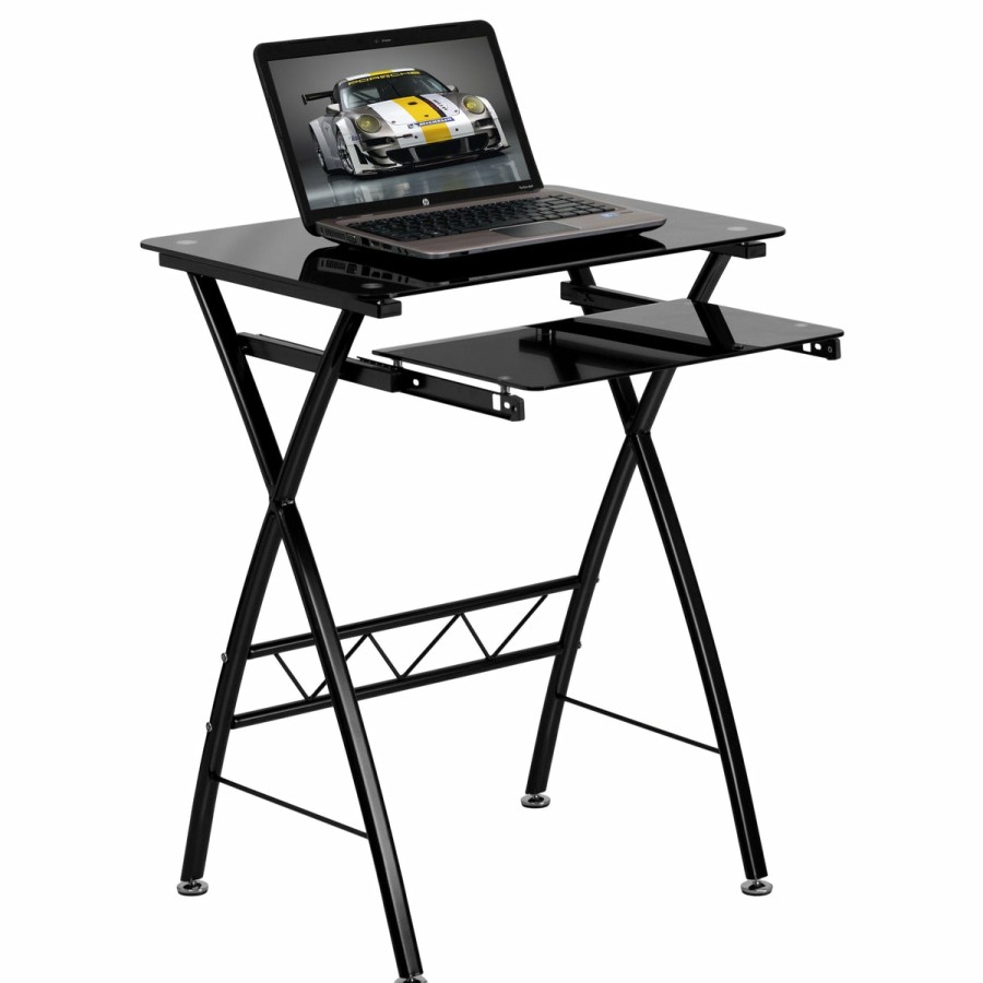 Office & Reception FLASH Desks | Tempered Glass Computer Desk With Pull-Out Keyboard Tray